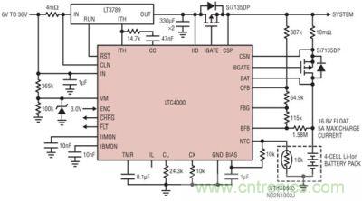 LTC4000 和 LTC3789：6V 至 36VIN、4 節(jié) 5A 鋰離子電池充電器