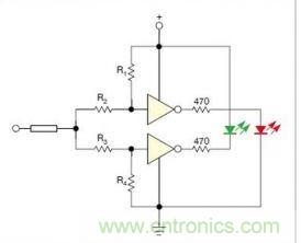 在雙門構(gòu)成的CMOS/TTL兼容探頭中，R1至R4電阻網(wǎng)絡(luò)對(duì)反相器輸入端做偏置