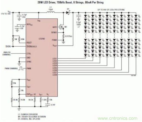 采用 LT3760、效率為 90% 的 28W LED 背光照明電路