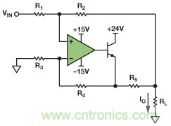 圖1. 改進(jìn)型Howland電流源驅(qū)動(dòng)接地負(fù)載。