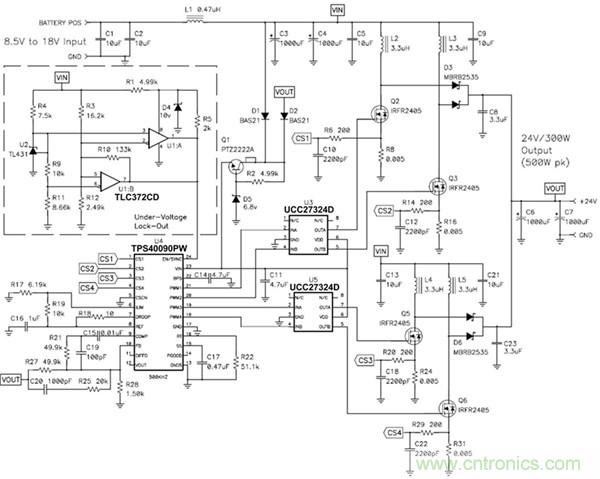 TPS40090 多相降壓控制器的 4 相、300W 升壓電源