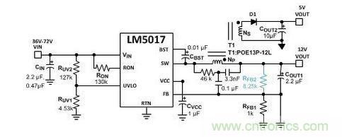 基于 LM5017 的 Fly-Buck 轉(zhuǎn)換器電路，沒(méi)有基于光耦合器的穩(wěn)壓電路