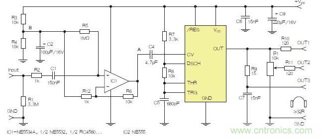 含運(yùn)算放大器和NE555定時(shí)器的耳機(jī)和音頻線路驅(qū)動(dòng)器。也可以使用CMOS版本(如LMC555)，但輸出電流較低。其優(yōu)點(diǎn)為工作頻率較高。