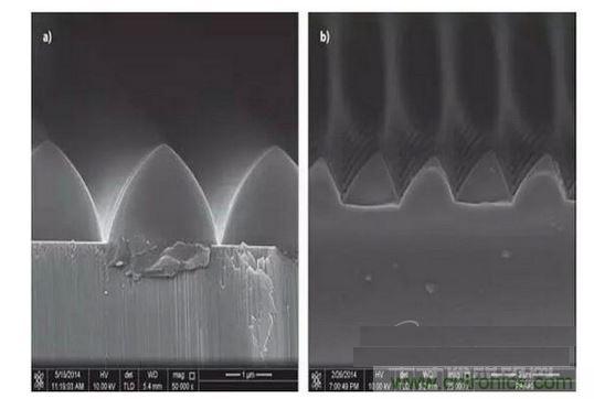 圖案化藍(lán)寶石基板通過(guò)光致抗蝕劑掩膜在電感耦合等離子體干法反應(yīng)性腐蝕保持良好剛性結(jié)構(gòu)（如圖a）,然而，如果光致抗蝕劑掩膜的剛性結(jié)構(gòu)在抗蝕過(guò)程中沒(méi)有得到保持，那么結(jié)果會(huì)很差（如圖b）