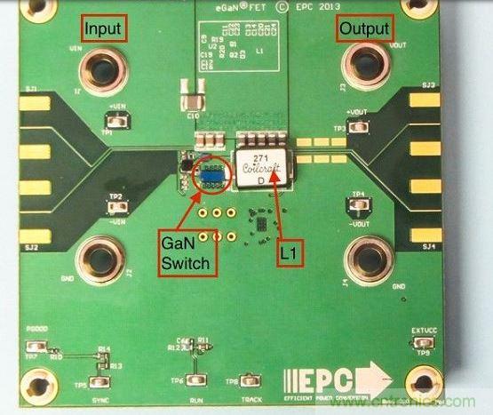 演示板用于顯示GaN的EMI。該GaN組件被圈定，我會(huì)在L1左側(cè)測(cè)量切換的波形。