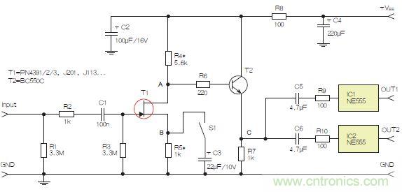 圖3：采用兩個(gè)工作在不同頻率下的555定時(shí)器電路，以獲取不同的音效。