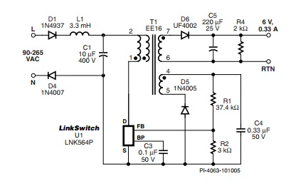 LinkSwitch-LP 系列旨在取代手機/無繩電話、PDA、數(shù)碼相機和便攜式音頻播放器等應(yīng)用中輸出功率 < 2.5 W 的低效線頻線性變壓器電源。LinkSwitch-LP 還可用作白色家電等應(yīng)用中的輔助電源。  LinkSwitch-LP 將高壓功率 MOSFET 開關(guān)與 ON/OFF 控制器集成在一個設(shè)備中。它完全由漏極引腳自供電，具有低 EMI 的抖動開關(guān)頻率，并且具有全面的故障保護。自動重啟可限制過載和輸出短路條件下的器件和電路耗散，而遲滯過溫保護會在熱故障期間禁用內(nèi)部 MOSFET。EcoSmart 技術(shù)使設(shè)計能夠輕松實現(xiàn) < 150 mW 的空載功耗，滿足能源效率要求。  LinkSwitch-LP 的設(shè)計目的是在輸出功率低于 2.5 W 時無需初級側(cè)鉗位電路，從而顯著減少組件數(shù)量和總系統(tǒng)成本。圖 1 顯示了基于 LinkSwitch-LP 的 2 W 電源，不帶初級側(cè)鉗位。LinkSwitch-LP 系列經(jīng)過優(yōu)化，當變壓器上的輔助或偏置繞組提供反饋時，可提供近似的 CV/CC 輸出特性。這非常適合取代工頻變壓器的應(yīng)用，提供兼容的輸出特性，但過載、短路電流和輸入線電壓變化較小。  　  在無鉗位設(shè)計中使用 LinkSwitch-LP 的基本電路原理圖。  快速開始  　 LinkSwitch-LP 反激式設(shè)計流程圖